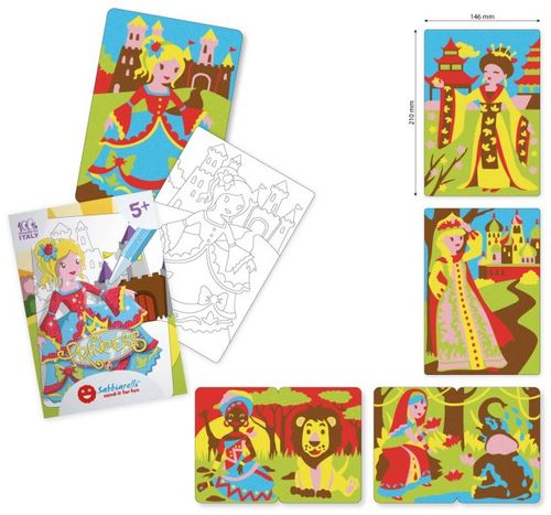 ערכת יצירה לילדים: 7 ציורי נסיכות ו 6 עטי חול צבעוניים