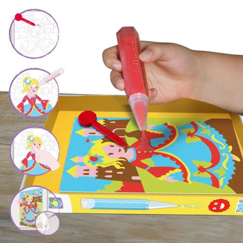 ערכת יצירה לילדים: 7 ציורי נסיכות ו 6 עטי חול צבעוניים