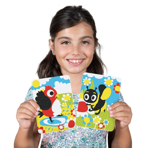 ערכת יצירה לילדים: 7 ציורי חיות מחמד שובבות ו 6 עטי חול צבעוניים