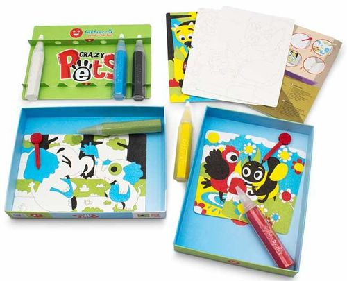 ערכת יצירה לילדים: 7 ציורי חיות מחמד שובבות ו 6 עטי חול צבעוניים