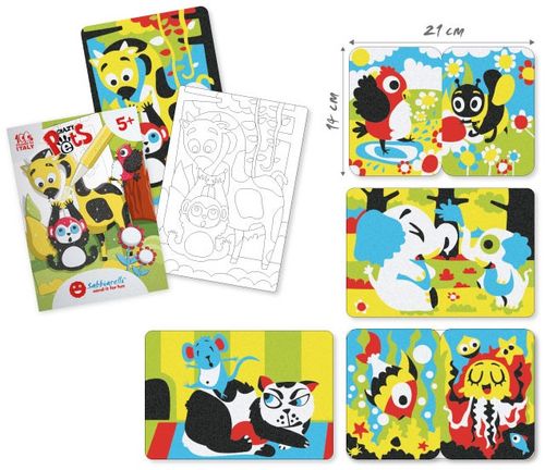 ערכת יצירה לילדים: 7 ציורי חיות מחמד שובבות ו 6 עטי חול צבעוניים