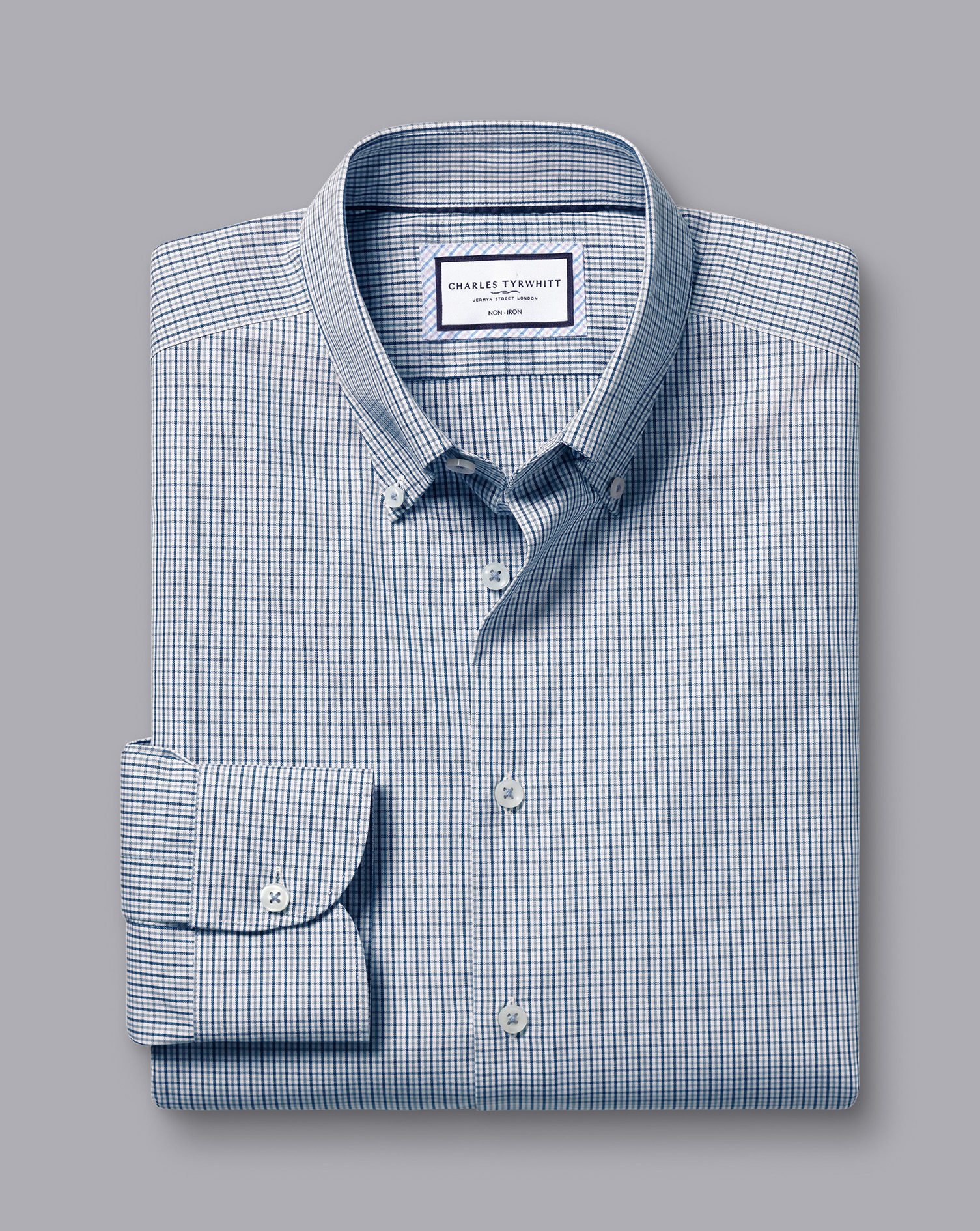 חולצה כחולה משבצת גזרת קלאסיק - Royal blue non-iron button down gingham cf shirt