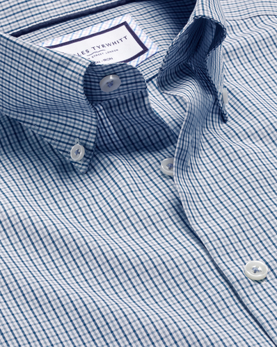 חולצה כחולה משבצת גזרת קלאסיק - Royal blue non-iron button down gingham cf shirt