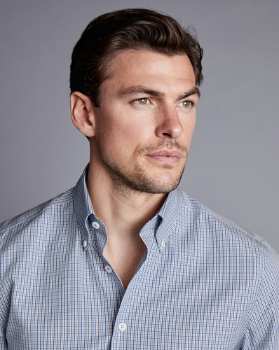 חולצה כחולה משבצת גזרת קלאסיק - Royal blue non-iron button down gingham cf shirt