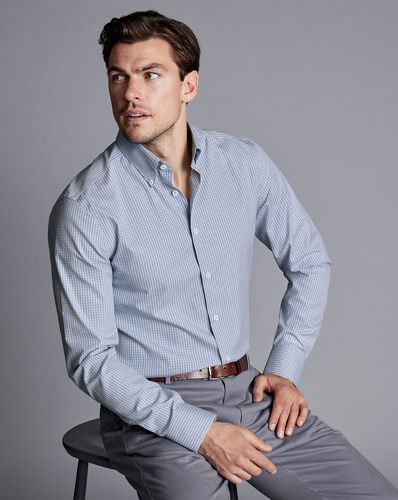 חולצה כחולה משבצת גזרת קלאסיק - Royal blue non-iron button down gingham cf shirt
