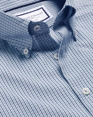 חולצה כחולה משבצת גזרת סלים - Royal blue non-iron button down gingham slim shirt