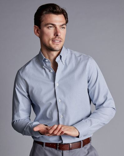 חולצה כחולה משבצת גזרת סלים - Royal blue non-iron button down gingham slim shirt