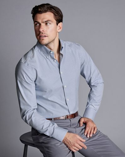 חולצה כחולה משבצת גזרת סלים - Royal blue non-iron button down gingham slim shirt