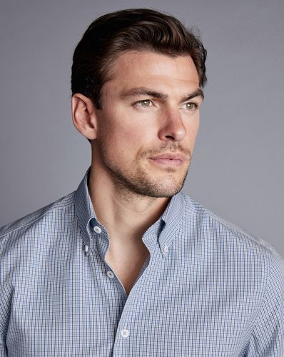 חולצה כחולה משבצת גזרת אקסטרה סלים - Royal blue non-iron button down gingham extra slim shirt