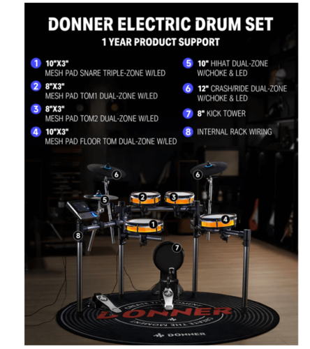 מערכת תופים אלקטרונית מרהיבה EC6878 עם מסך טאץ' BACKBEAT ותאורת לדים מבית DONNER