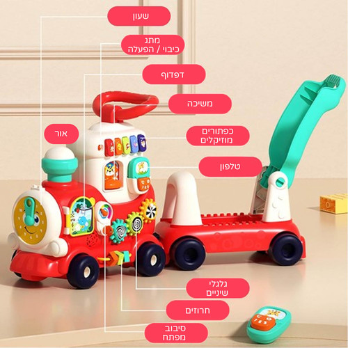 הליכון לימודי לתינוק בצורת רכבת 4 ב 1 עם אורות וצלילים