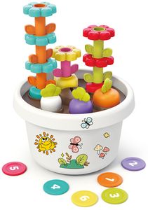 צעצוע מונטסורי עציץ פרחים חוקר עם חיבור והרכבת גזר, סידור פרחים, אוסף מטבעות ואחסון