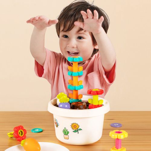 צעצוע מונטסורי עציץ פרחים חוקר עם חיבור והרכבת גזר, סידור פרחים, אוסף מטבעות ואחסון