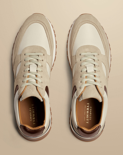נעל ספורטיבית כרם מעור וזמש -Cream leather and suede trainer