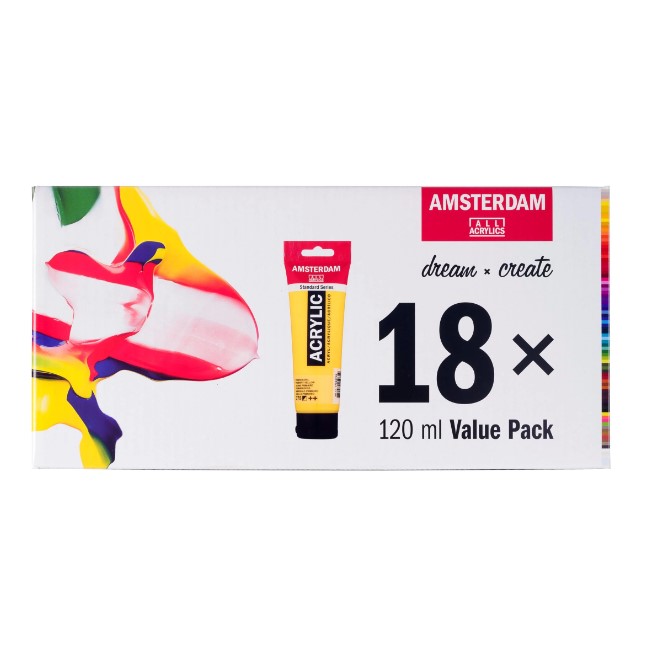סט 18 צבעי אקריליק AMSTERDAM, שפורפרות 120 מ"ל VALUE PACK