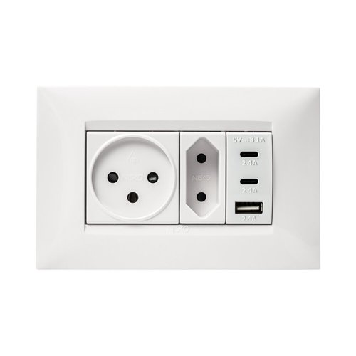  מארז טריפל USB, שקע כח, שקע דו פיני ומסגרת BE לבנה 4 מודול ניסקו סוויץ