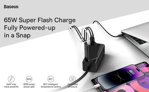 מטען מהיר Baseus GaN5 Pro 3 Ports Fast Charger 65W