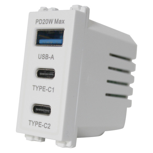 שקע USB 2.1A מהיר + TYPE C 3.0A 1 מודול בצבע לבן