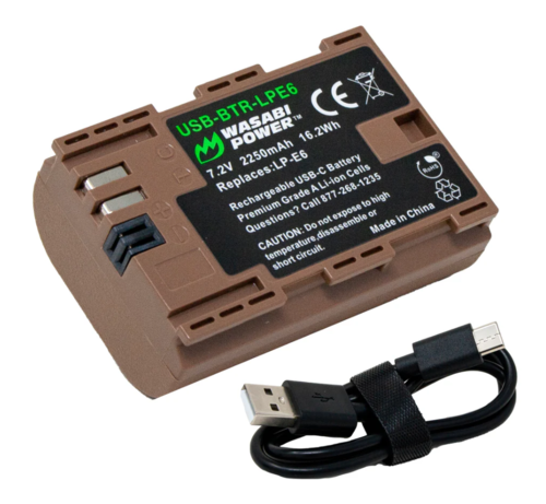 סוללה חליפית עם שקע טעינה מובנה Wasabi Power Canon LP-E6 USB-C