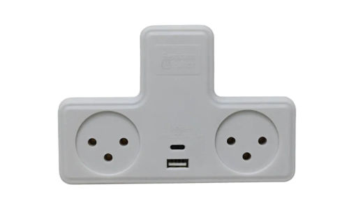 מפצל חשמל T עם 2 שקעים וחיבור TYPE C + USB semicom
