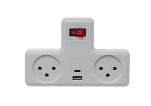 מפצל חשמל T עם מפסק, 2 שקעים וחיבור TYPE C + USB semicom