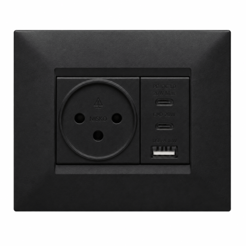 1 שקע + שקע טעינה 20W שחור מט לקופסא 3 - קומפלט – ניסקו סוויץ’