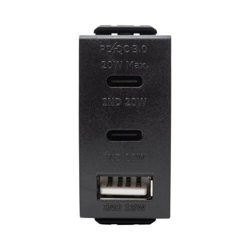 1 שקע +1 שקע דו פיני + טעינה USB 20w שחור מט לקופסא 4 - קומפלט – ניסקו סוויץ’