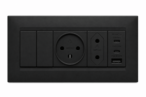 2 מפסק יחיד + 1 שקע + שקע דו פיני + שקע USB 20w שחור מט לקופסא 6 – קומפלט – ניסקו סוויץ’
