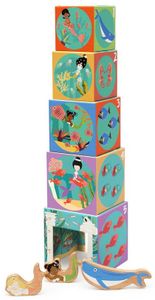 מגדל 5 קוביות קרטון + 3 דמויות עץ למשחק והתאמה - עולם הים
