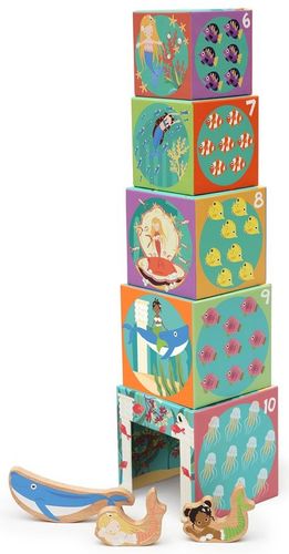 מגדל 5 קוביות קרטון + 3 דמויות עץ למשחק והתאמה - עולם הים