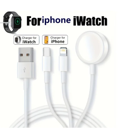 כבל טעינה 3 ב1 לשעון חכם אפל לאייפון כניסת USB APPLE WATCH TYPE C LIGHTNING