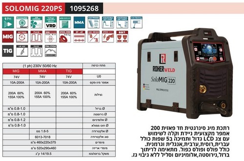 רתכת MIG אינוורטר דיגיטלית 200A לריתוך אלומיניום - 1095268 גם ריתוך  ROHER TOOLS CO2 