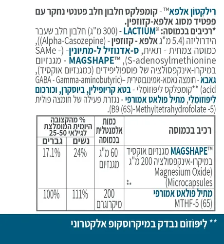 רלקטון - קומפלקס אלפא קזוזפין ללחץ וחרדה (30 כמוסות) - קטגורי 5