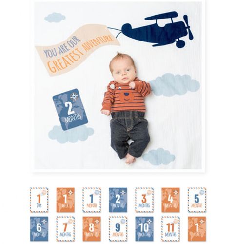 שמיכה 100% כותנה טטרה + 7 כרטיסיות גיל דו-צדדיות לצילום התינוק ולהנצחת Milestones - מטוס