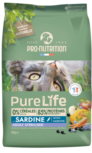 PURE LIFE STERILIZED CAT SARDINE  - מזון יבש ללא דגנים עם סרדינים לחתולים מסורסים 8 ק