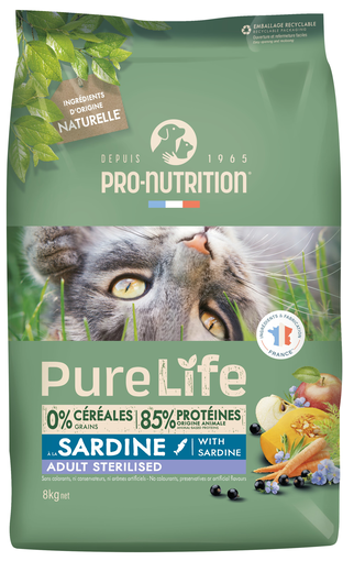 PURE LIFE STERILIZED CAT SARDINE - מזון יבש ללא דגנים עם סרדינים לחתולים מסורסים 8 ק"ג