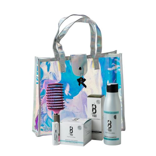 תיק מהודר לשיער מבית B YOU PROFESSIONAL בי יו שמפו+ מסכה+ סרום+ אמפולת קרטין טהור+ מברשת מתירת קשרים