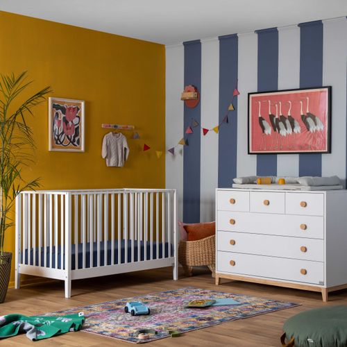 שידת החתלה רחבה לתינוק להלה עשויה MDF בציפוי מלמין - לבן משולב טבעי