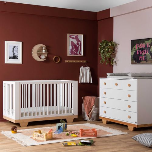 שידת החתלה רחבה לתינוק ספיריט עשויה MDF בציפוי מלמין - לבן משולב טבעי