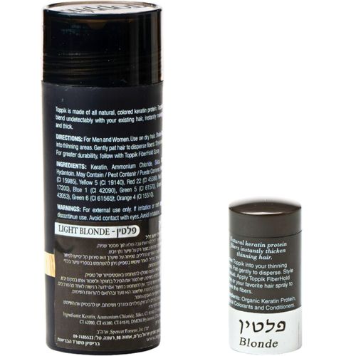 סיבי שיער טופיק צבע בלונד בהיר- פלטין 27.5 גרם + אריזת נסיעות 3 גרם מתנה