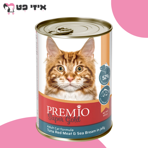 פרמיו סופר גולד שימור טונה אדומה בציפוי דג דניס בג'לי לחתול בוגר 400 גרם PREMIO