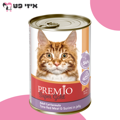 פרמיו סופר גולד שימור טונה אדומה בציפוי סורימי בג'לי לחתול בוגר 400 גרם PREMIO