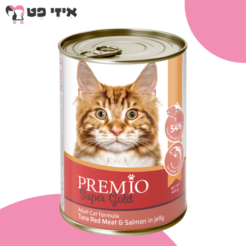 פרמיו סופר גולד שימור טונה אדומה בציפוי סלמון בג'לי לחתול בוגר 400 גרם PREMIO