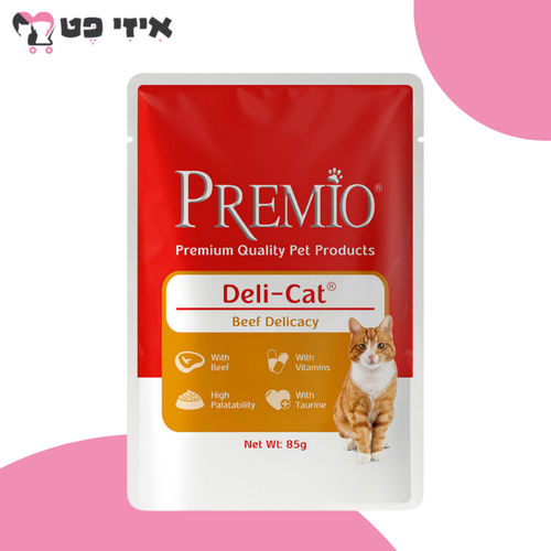 פאוץ' פרמיו נתחי בקר ברוטב לחתול בוגר 85 גרם PREMIO
