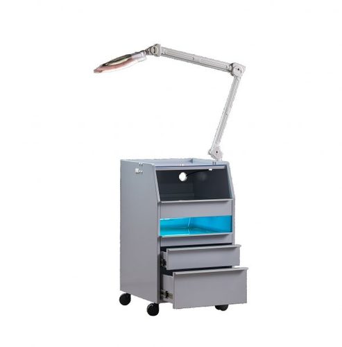 עגלת שירות  מפוארת לטיפולי אסתטיקה עם תא לחיטוי בצבע אפור ומקום למנורה