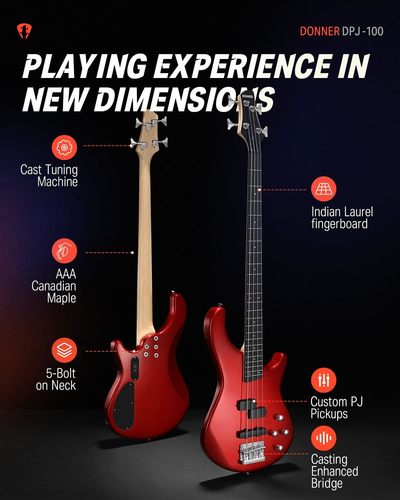 ערכת גיטרה בס למתחילים ומתקדמים EC1387 DPJ100 בצבע אדום + שיעורי מתנה מבית DONNER