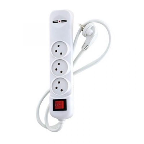 מפצל 3 שקעים עם מפסק, 2 שקעי USB בהספק 3.1A וכבל מאריך 1 מטר