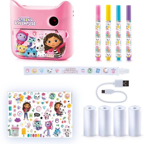 מצלמה לילדים עם מסך צבעוני, צילום סלפי ומדפסת טרמית, 4 גלילי נייר, 55 מדבקות ו 4 טושים בית הבובות של גבי