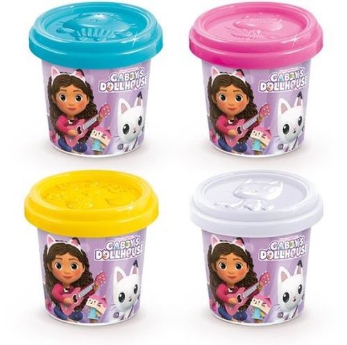 4 קופסאות עם בצק צבעוני ותבניות בית הבובות של גבי