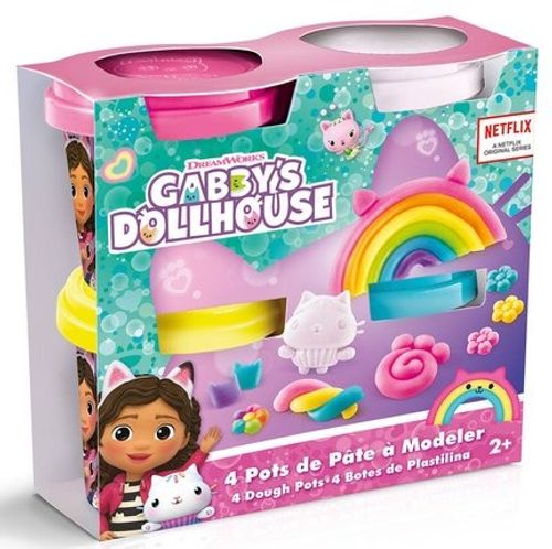 4 קופסאות עם בצק צבעוני ותבניות בית הבובות של גבי